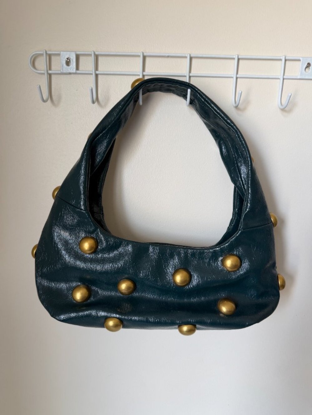 Zara Y2K Gold Stud Hobo Bag | Dark Green Patent Leather Shoulder Bag | Vintage - Picture 5 of 8